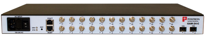 Positron GAM-24-C - 24 port G.hn Access Multiplexer (GAM) with 24 Coax ports and 2 x 10Gbps SFP+ ports. AC 110-220V Power Input